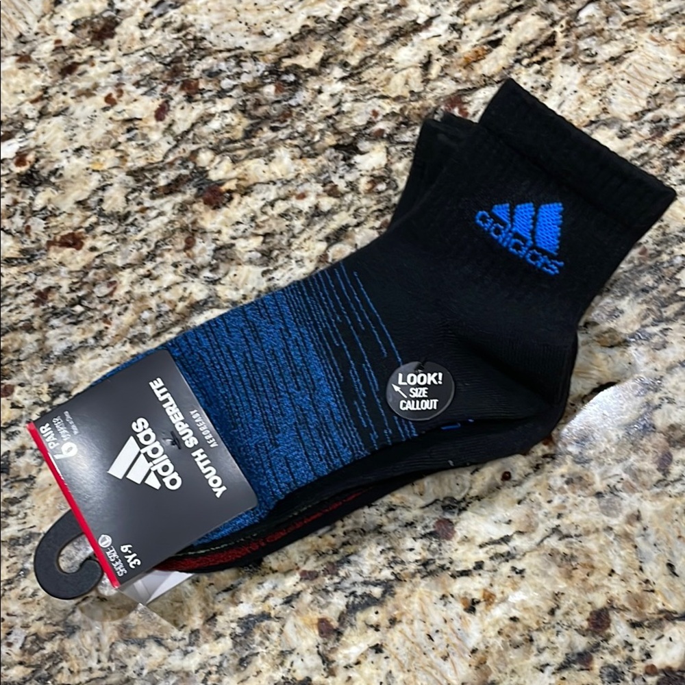 Adidas Youth Crew Socks - Black and Blue Size 3-9